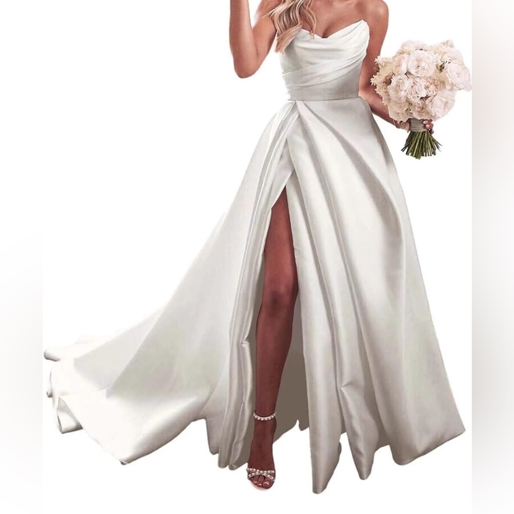 Elegant White Strapless Wedding Dress with High Slit